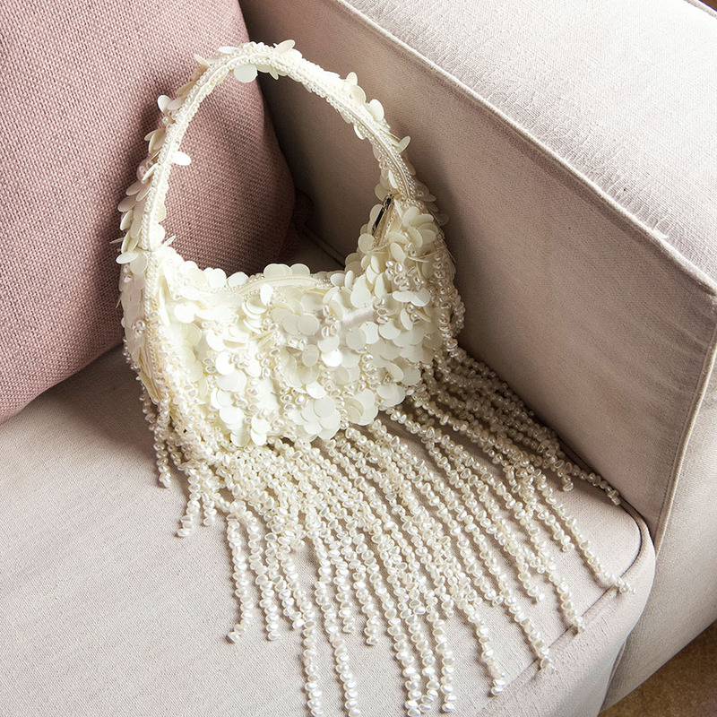 French-Style Textured Socialite Tassel Chain Underarm Bag with Beaded Sequins, Simple Crossbody Small Square Bag