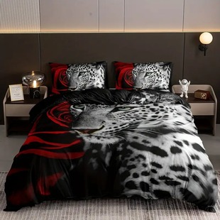 Red Rose Leopard Pattern Cross Border Duvet Cover Pillowcase Three-piece Bedding suit Bedroom Bed Decoration
