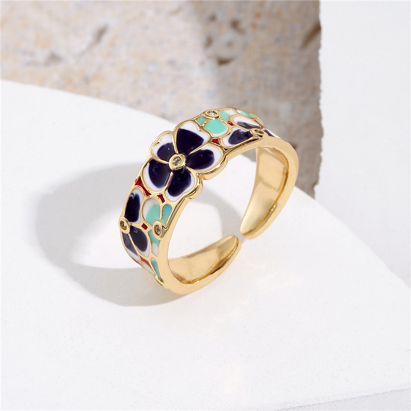 European And American Fashion Copper Micro-inlaid Zircon Jewelry New Oil Drop Flower Opening Ring Adjustable display picture 3