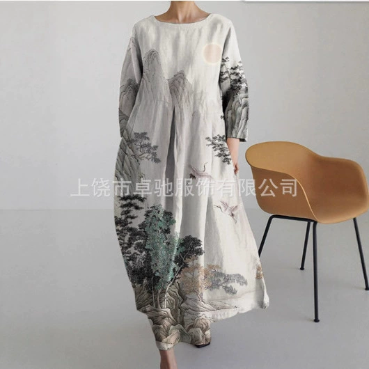 Летнее платье Amazon 2023, европейский и американский стиль, свободного кроя, с круглым вырезом, модное, высококачественное, с длинным рукавом и принтом.