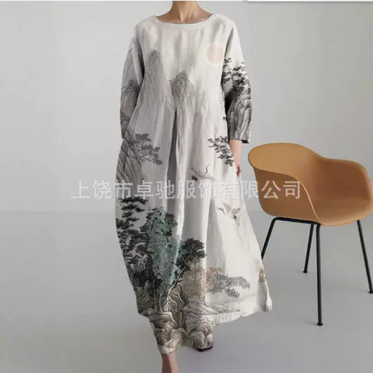 亚马逊跨境2023夏季新款欧美女装宽松圆领时尚高级长袖印花连衣裙