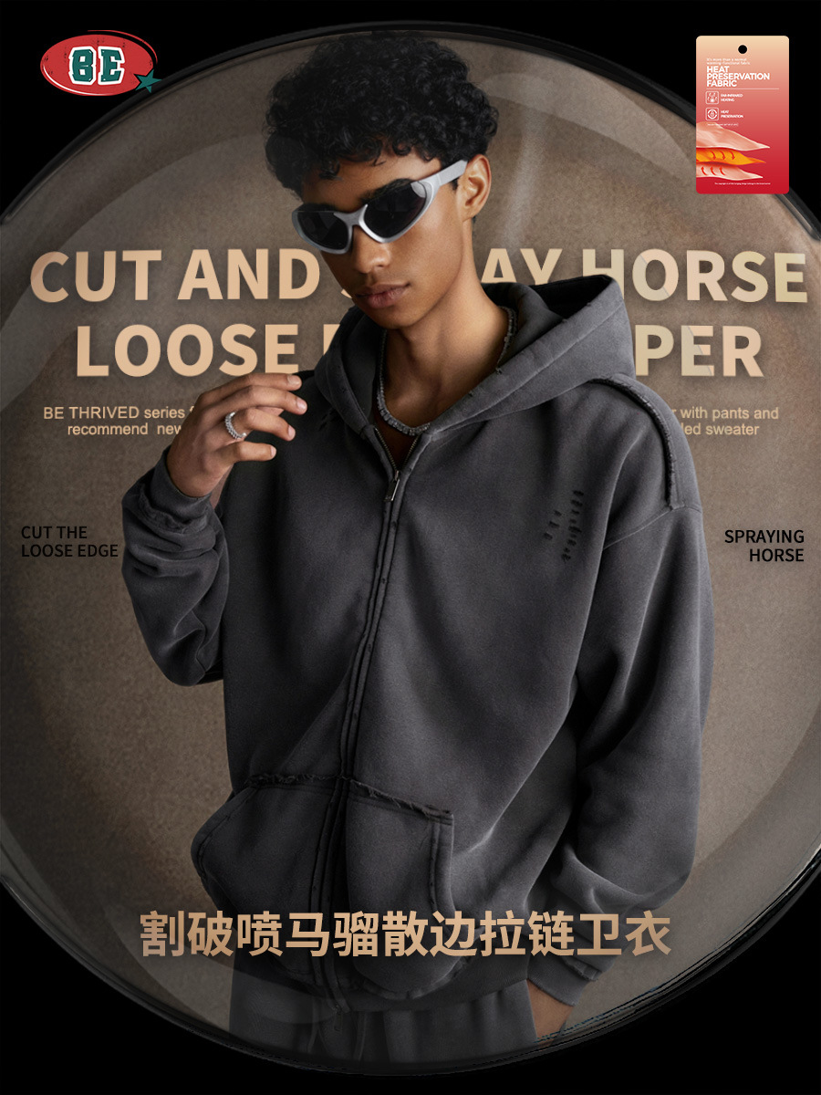 BE ropa de hombre | 2025 otoño marca de moda estadounidense suéter con capucha de calle alta chaqueta de punto con cremallera de borde suelto de mono en aerosol hombre