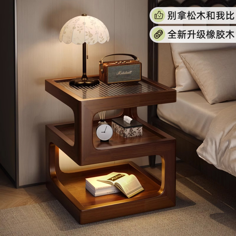Mesa lateral pequeña de la cabecera de la cama de estilo medio, mini creativa, estante de la mesita de noche de madera maciza, mesa de centro pequeña de color nogal negro, linda