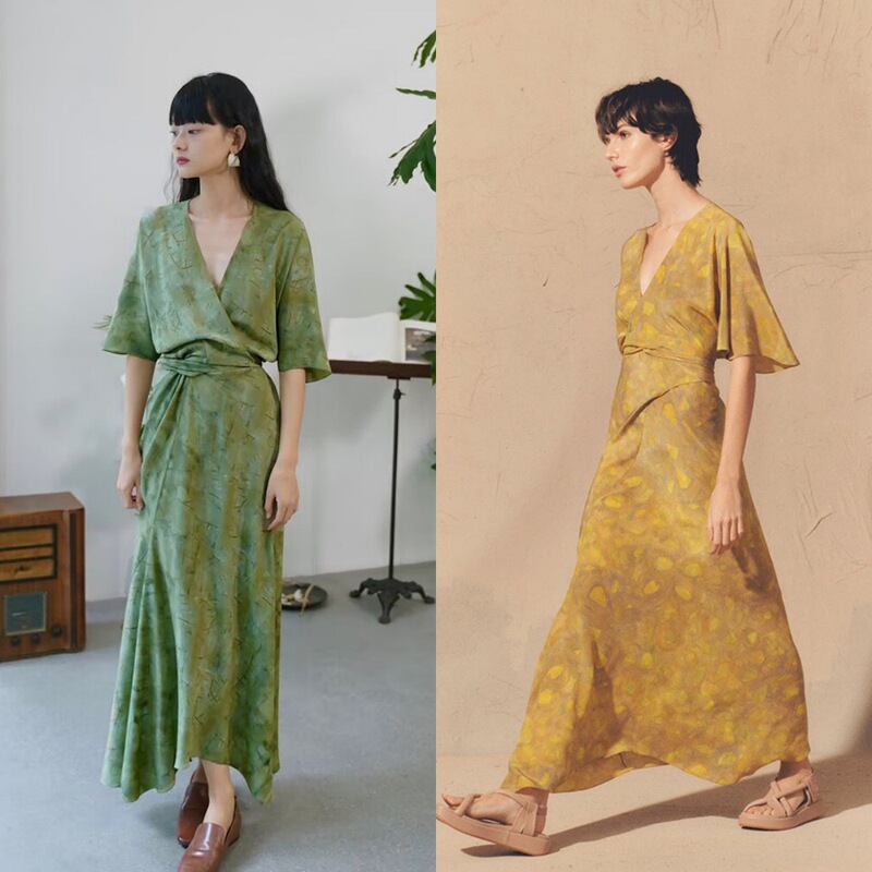 Cyan Ziyu·Spanish Niche Hazy Print V Neck Lace-Up Sand-Washed Silk Dress Cyan Ziyu·Spanish Niche Hazy Print V Neck Lace-Up Sand-Washed Silk Dress