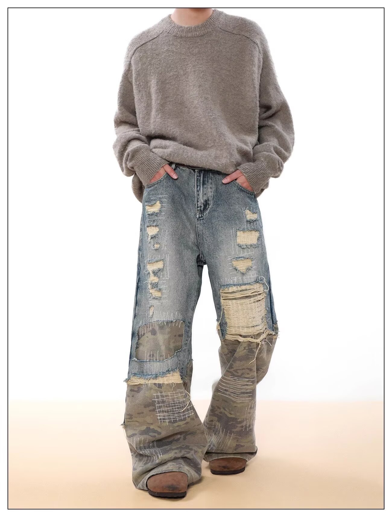 Jeans uomo vintage denim distressed patchwork camouflage blu_voghion.com
