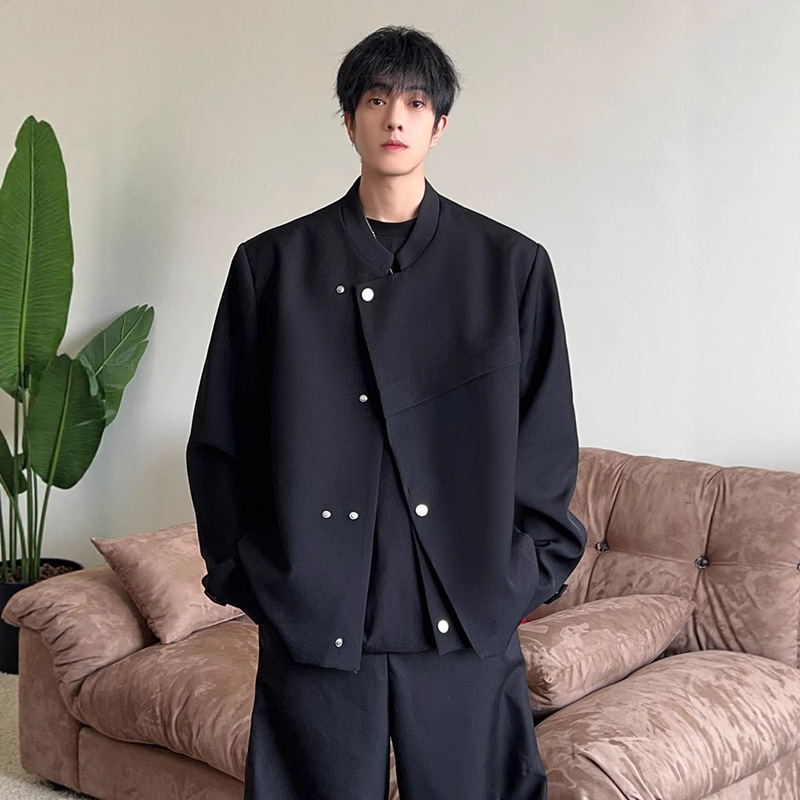 New Chinese Style Loose-Fitting Men's Jacket for Spring and Autumn, Black Stand Collar Suit, Stylish and High-End Short Casual Suit