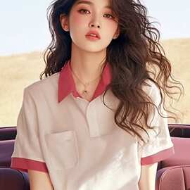 粉白撞色polo衫短袖T恤女夏季新款宽松百搭洋气独特别致漂亮上衣