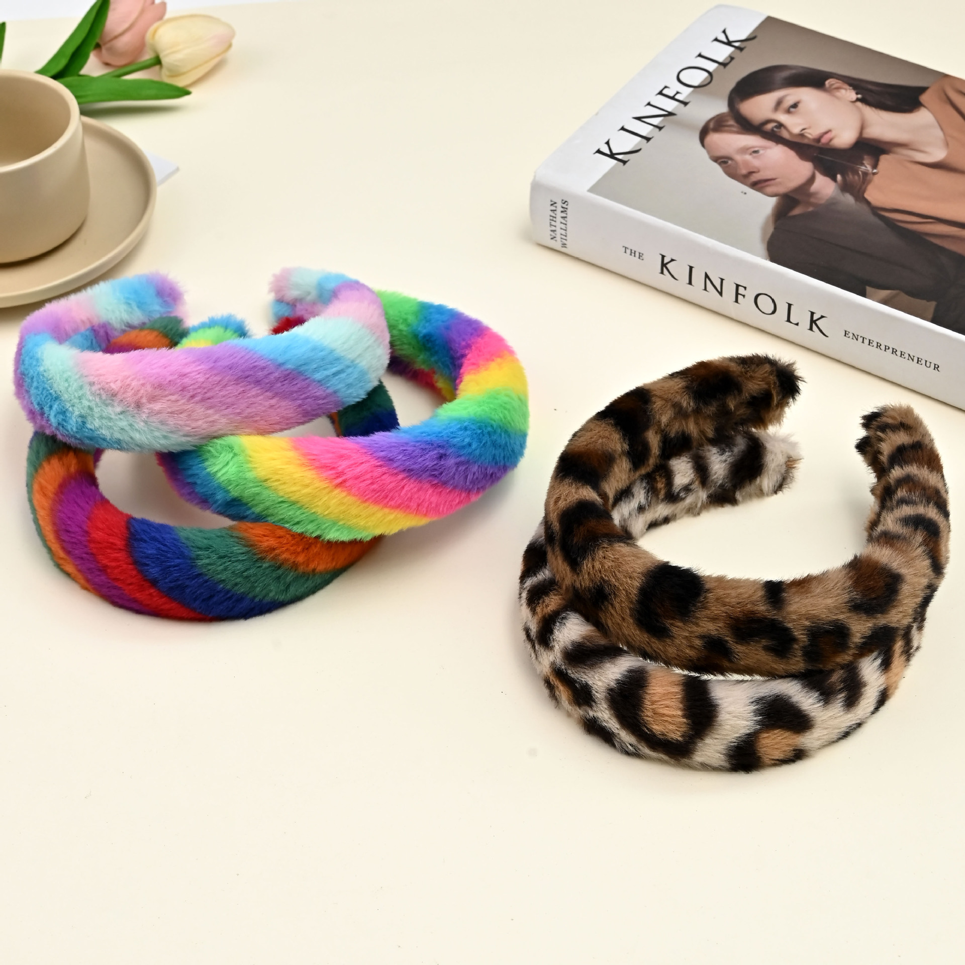 韓版復古七彩豹紋發箍女毛絨高顱頭飾仿兔毛寬邊發卡頭箍髮飾