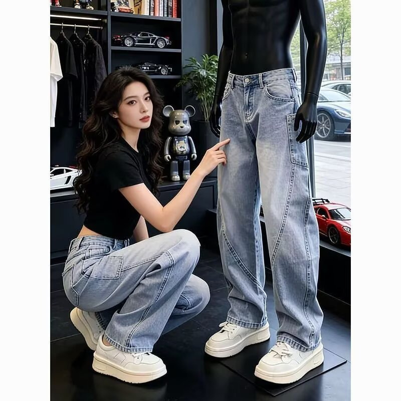 American-Style Diagonal Cut Washed Wide-Leg Jeans for Men, Loose Straight Workwear Vibe, Vintage Casual Long Pants