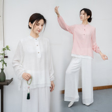 2024秋季新款复古民族风改良纯色棉麻禅意打坐国风茶服两件套女