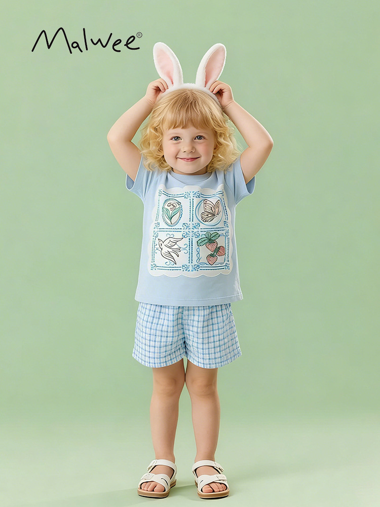 Malwee transfronterizo niñas dos piezas set de verano nuevo lindo pequeño cuello redondo pantalones de cuadrícula para niños europeos y estadounidenses