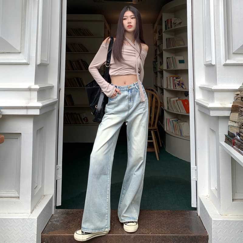 レディース ヴィンテージ風 ハイウエスト ワイドレッグジーンズ ゆったり 着痩せ効果 ストレートパンツ マキシ丈パンツ|undefined