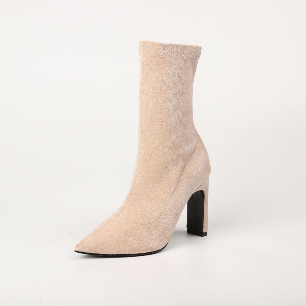 Kanglida Spitzzehen-Stiefeletten mit klobigem Absatz und schmaler Passform für Damen, Herbst/Winter 2025, neue High-Heel-Stiefeletten aus Stretch-Wildleder mit schlankmachender Wirkung_voghion.com