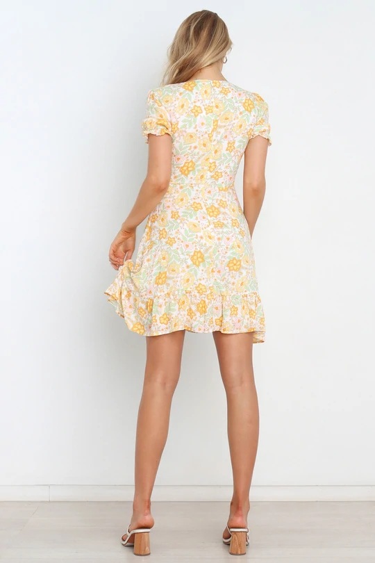 floral print ruffled short-sleeved V-neck short dress  NSCXY121968