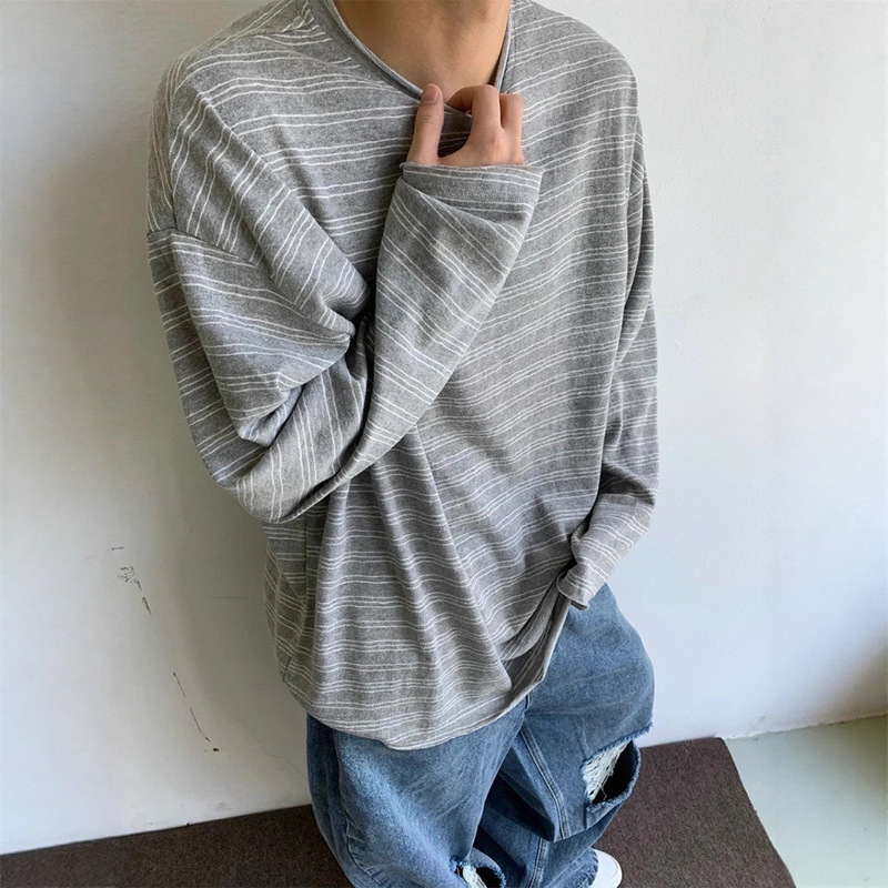 Light Gray Curled Stripesd Long-Sleeved T-Shirt Men's Autum High-Bottom Lazy Style Sweatshirt Cleanfit Bottoming Shirt