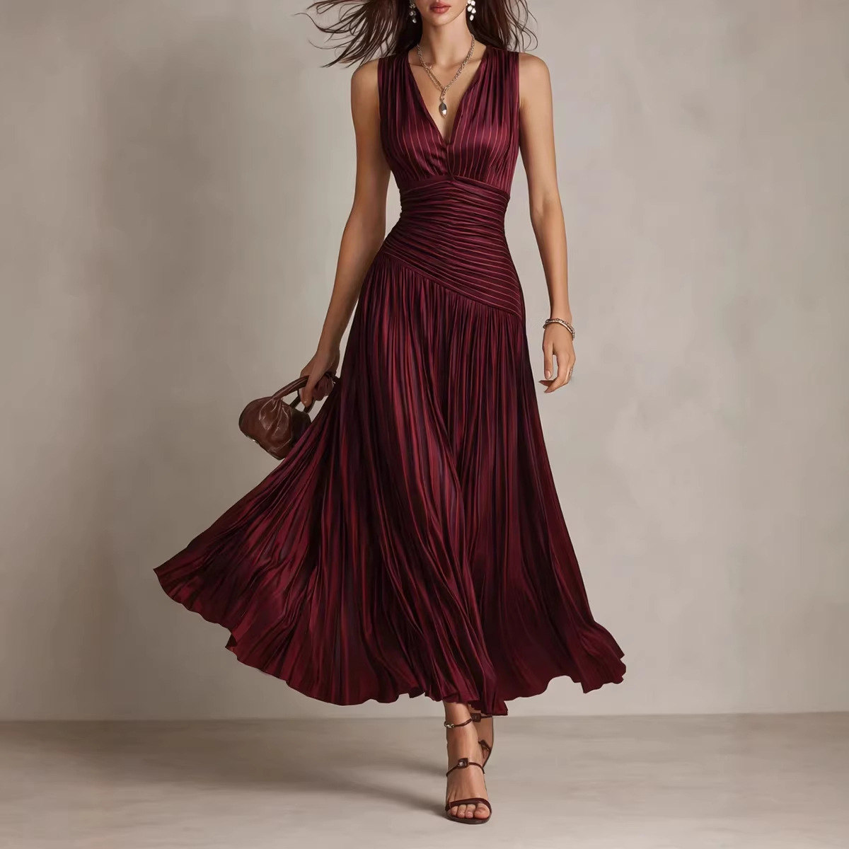 2026 European and American Women's Fashion Amazon Independent Site Sleeveless V-Neck Pleated Sexy Dress Elegant Long Dress