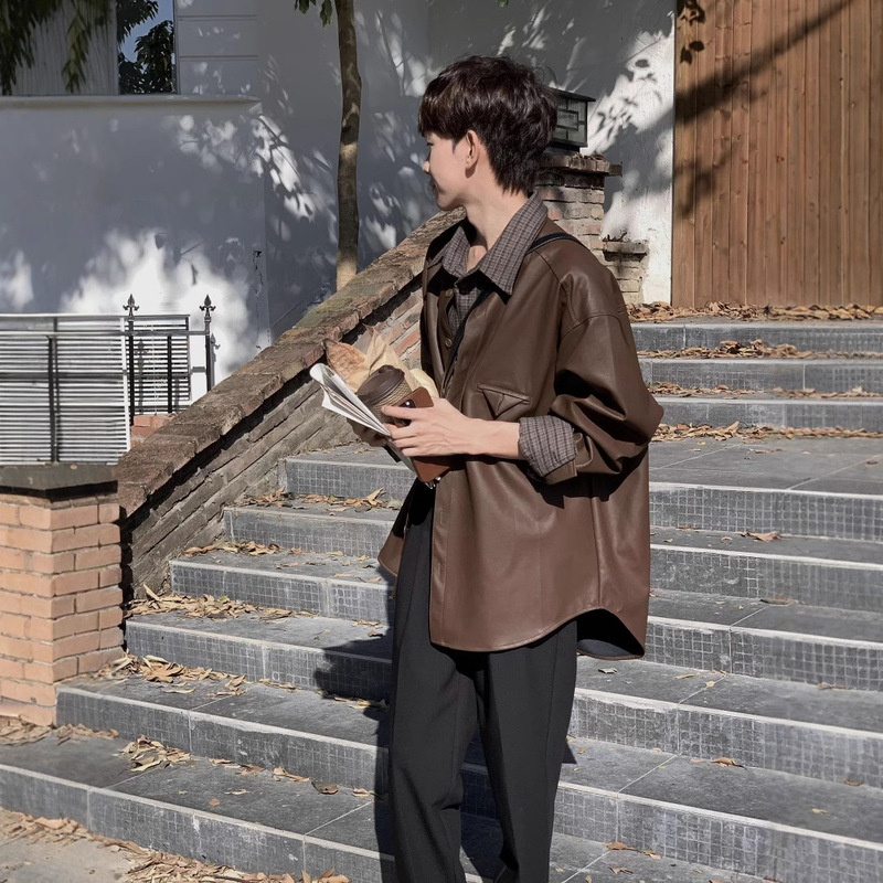 Korean Style Spring Autumn and Winter Vintage Shirt Coat High-grade Brown Leather Jacket Lapel Simple All-match Leather Coat