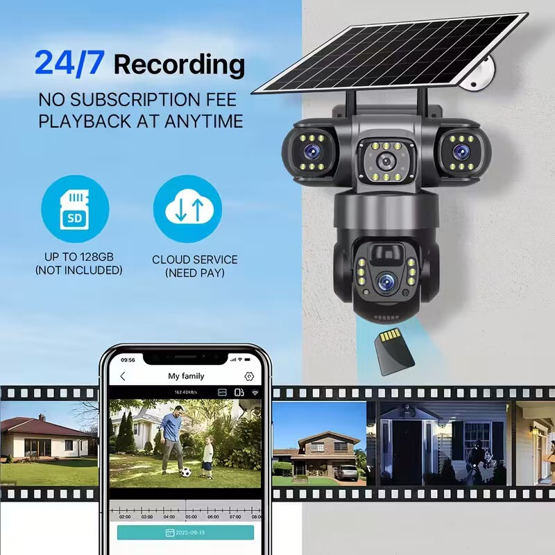 360 ° Panoramic Home Security High-Definition Full-Color Night Vision Cross-Border Popular Three-Lens Solar Surveillance Camera