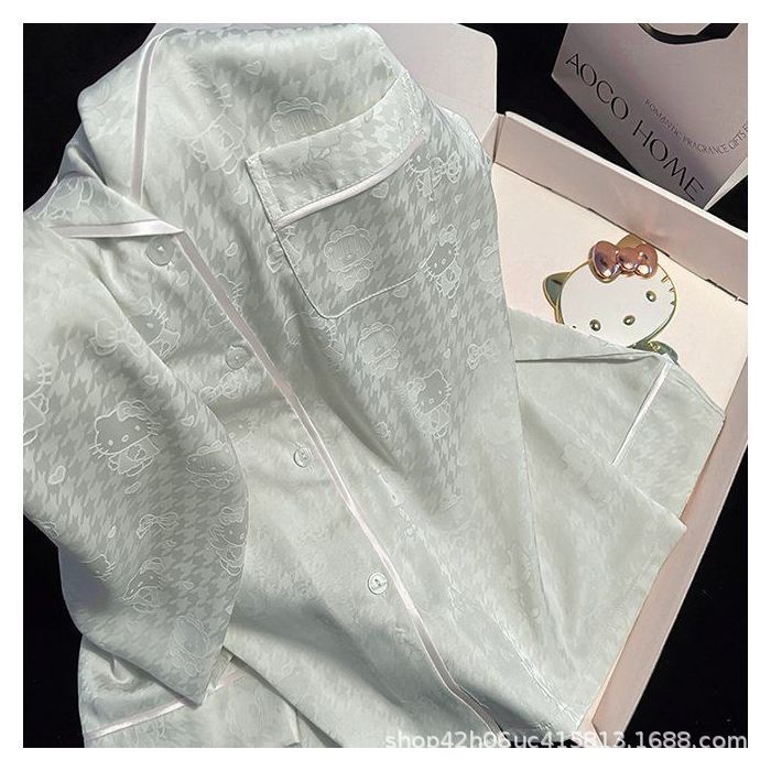 千鸟格新提花冰丝绸睡衣女夏季KT猫咪开衫长袖长裤网红家居服套装|undefined