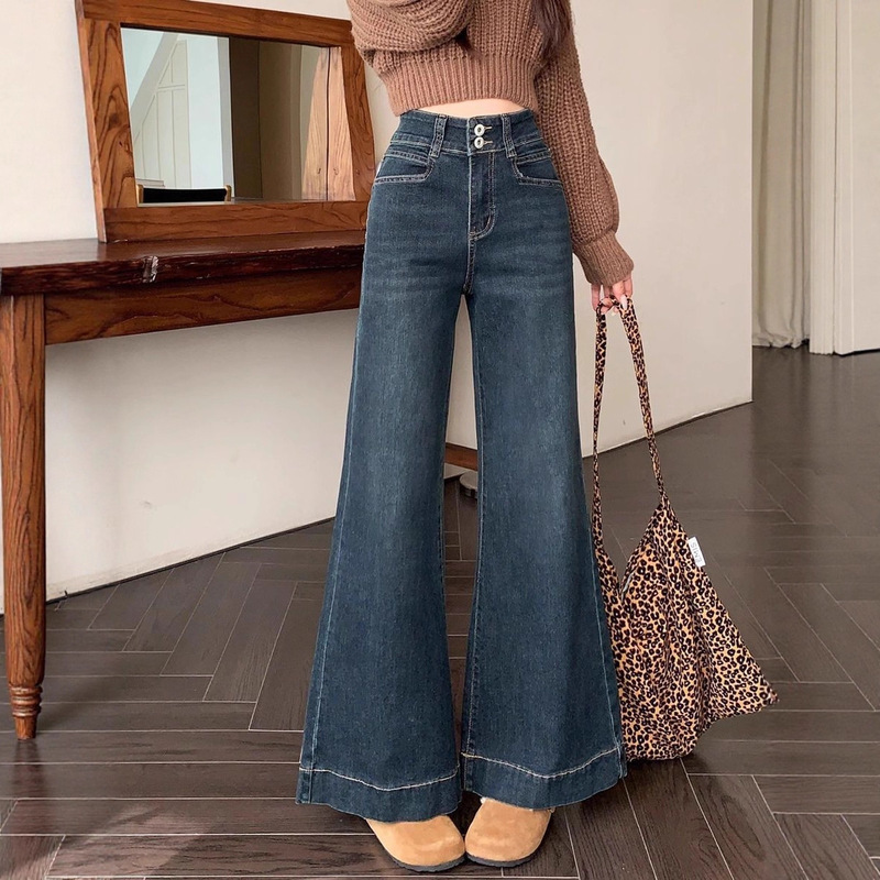 [Korean Beef] Autumn Hong Kong Style Retro High Waist Blue Jeans Women's Loose Micro Flared Pants Long Pants