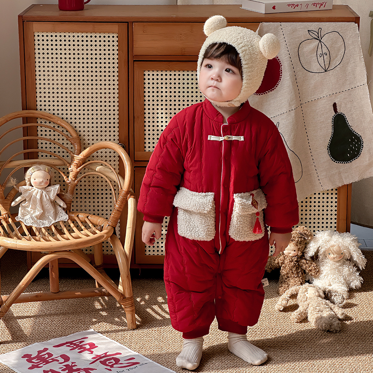 (2개) 신년 옷 겨울 옷 소년  원피스 옷 기모 붉은 새해 옷  복 원피스