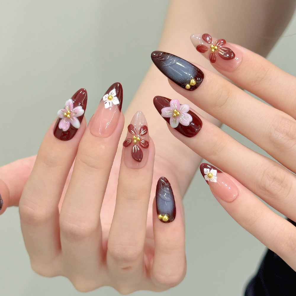 Comercio extranjero venta caliente goteo de goma almendras uñas 3D punto taladro usar uñas 24 piezas púrpura elegante parche de uñas