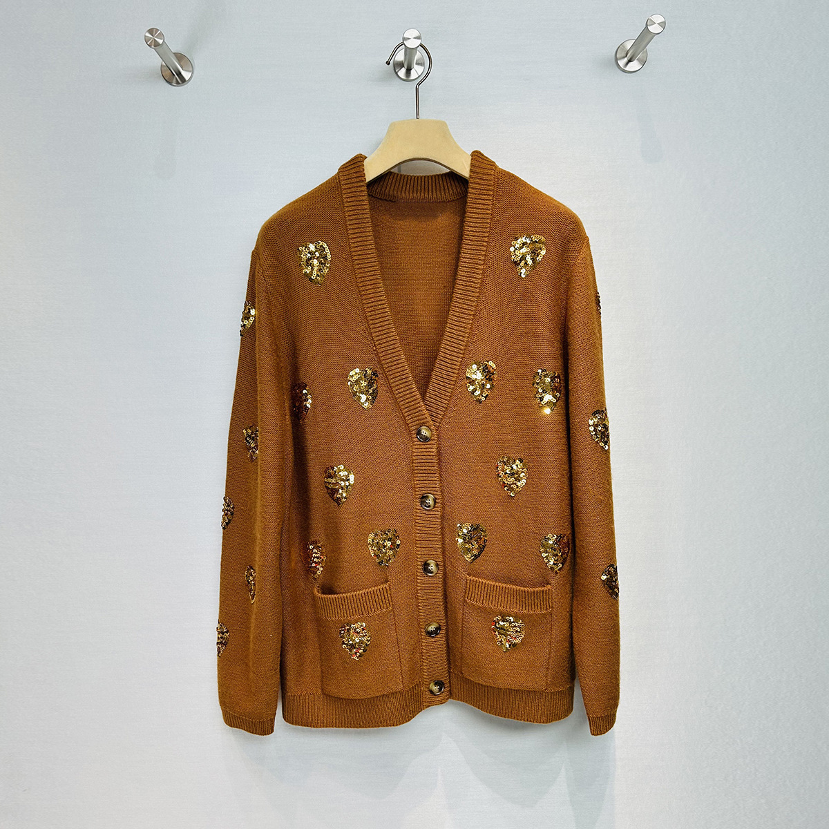 小香风V领长袖羊毛开衫女爱心亮片中长款宽松针织衫上衣早秋新款