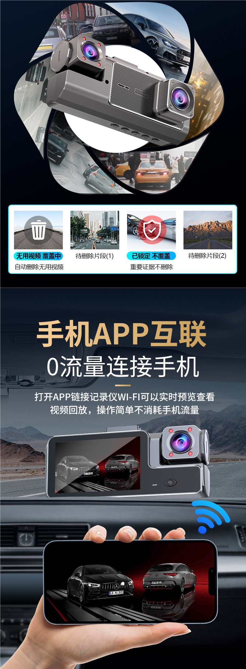 SenDao 2026 New Model 4K Triple-Lens Dashcam with APP Connectivity, 24H Parking Monitoring, No Wiring Required, Wireless