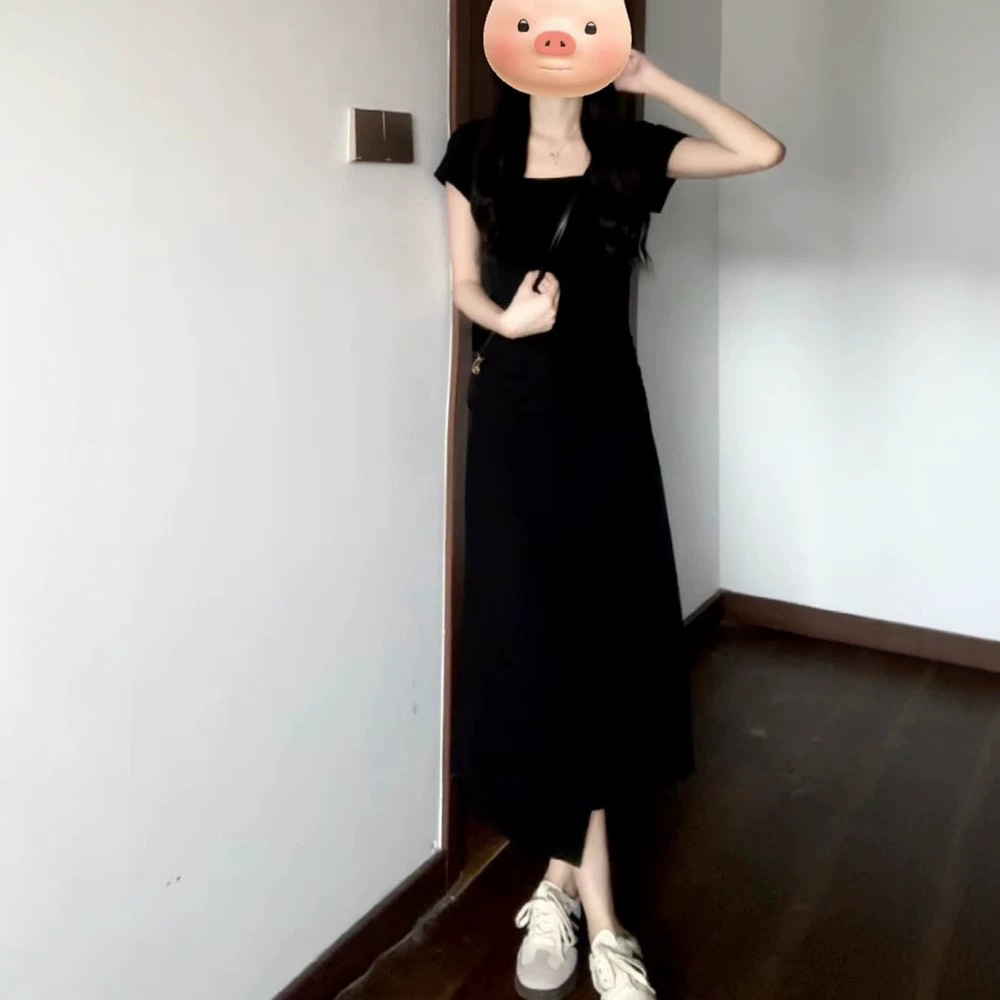 Đầm suông nữ midi màu xám trơn phong cách Pháp — đen chi tiết 3