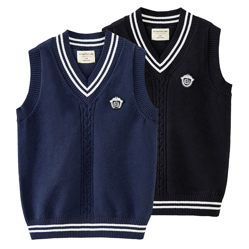 Primavera y otoño ropa para niños medianos y grandes con cuello en V chaleco suéter de giro uniforme escolar de la escuela primaria niños y niñas Chaleco de punto de entrega de una sola pieza