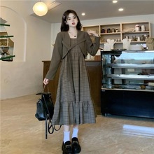 春秋新款大码女装复古显瘦格子吊带裙两件套胖妹妹设计感西装外套