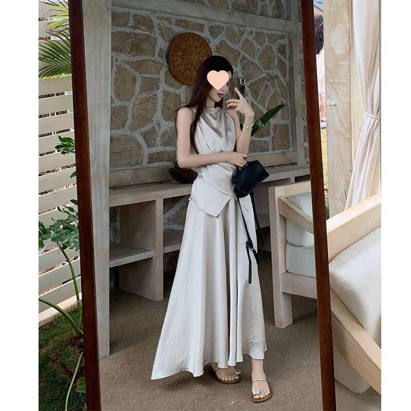 小众不规则系带设计感缎面背心半身裙夏季新款时尚两件套女潮通勤|undefined