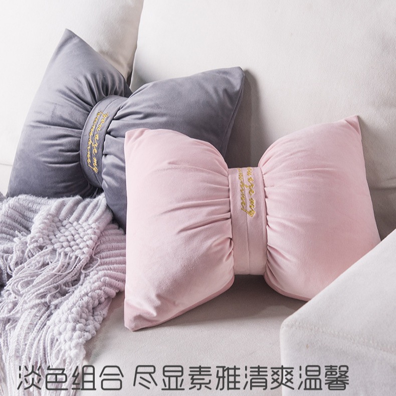 Nordic solid color velvet pillow simple embroidered bedside pillow velvet sofa backrest INS cushion bow