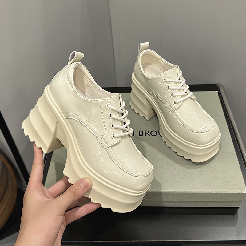 Thick soled loafers for women, autumn 2023 new versatile square toe height increasing single shoes, women's lace up_voghion.com