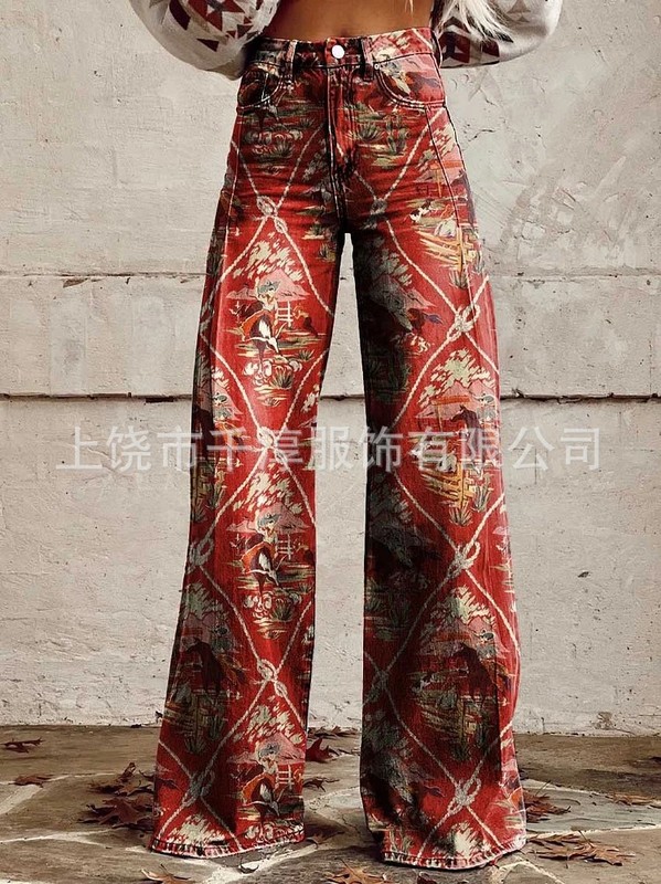 跨境欧美独立站爆款数码印花假牛仔女士阔腿裤 女士喇叭修身长裤|undefined