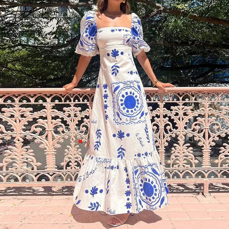 2025 Spring New European And American Casual Off-Shoulder Printed Lantern Sleeve Slim Fit Flared Dress_voghion.com