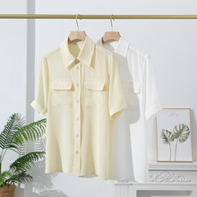 夏季新款纯色真丝短袖衬衫女口袋气质桑蚕丝上衣小个子通勤女装