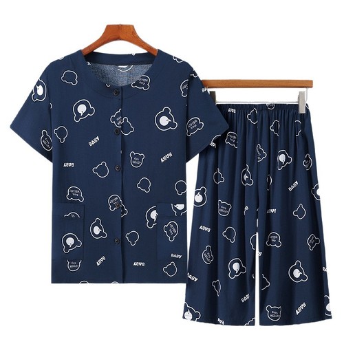 Mid-Age Men Summer Pajamas Set of 2 Cotton Short Sleeve Open-Front Top and Bottom Set for Dad Home Wear