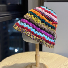新款彩色条纹蝴蝶结保暖渔夫帽子女秋冬季加厚毛线护耳针织帽盆帽