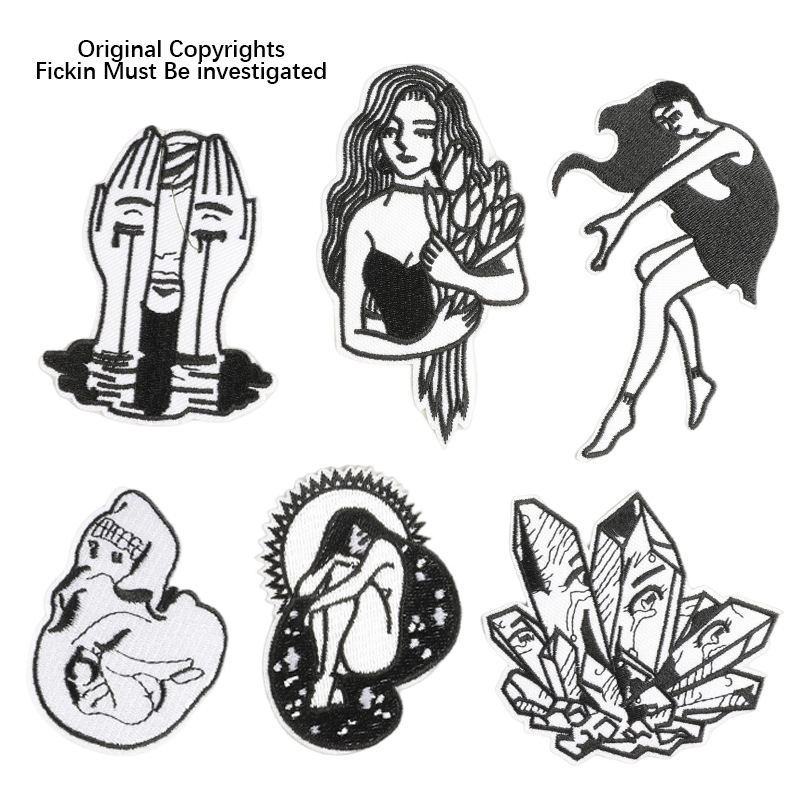 电脑绣花黑白女孩刺绣徽章鞋帽配饰补丁贴DIY布贴跨境货源patch