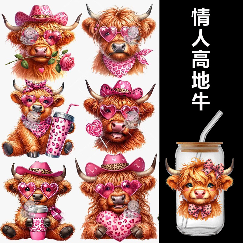 情人高地牛UV水晶标 DTF转印水晶透明贴纸防水耐刮 16oz 批发跨境