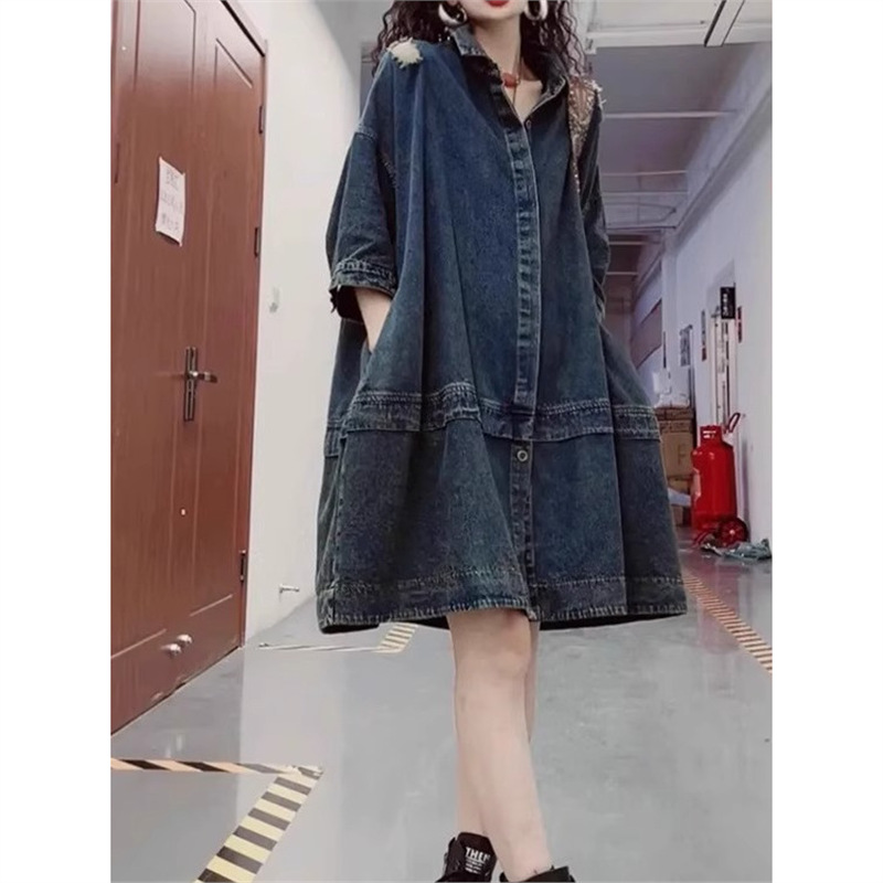 欧货春夏季新款翻领长袖高腰显瘦时尚高级休感闲复古女牛仔连衣裙