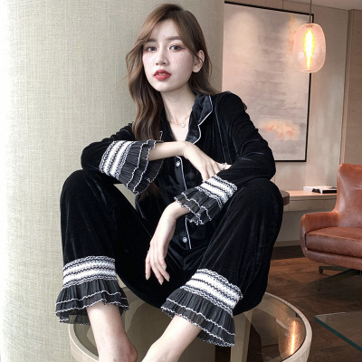 Pajamas Women's Spring Autumn and Winter Golden Velvet Korean Style Suit Sexy Long Sleeve Sexy Simple Outwear Home Suit