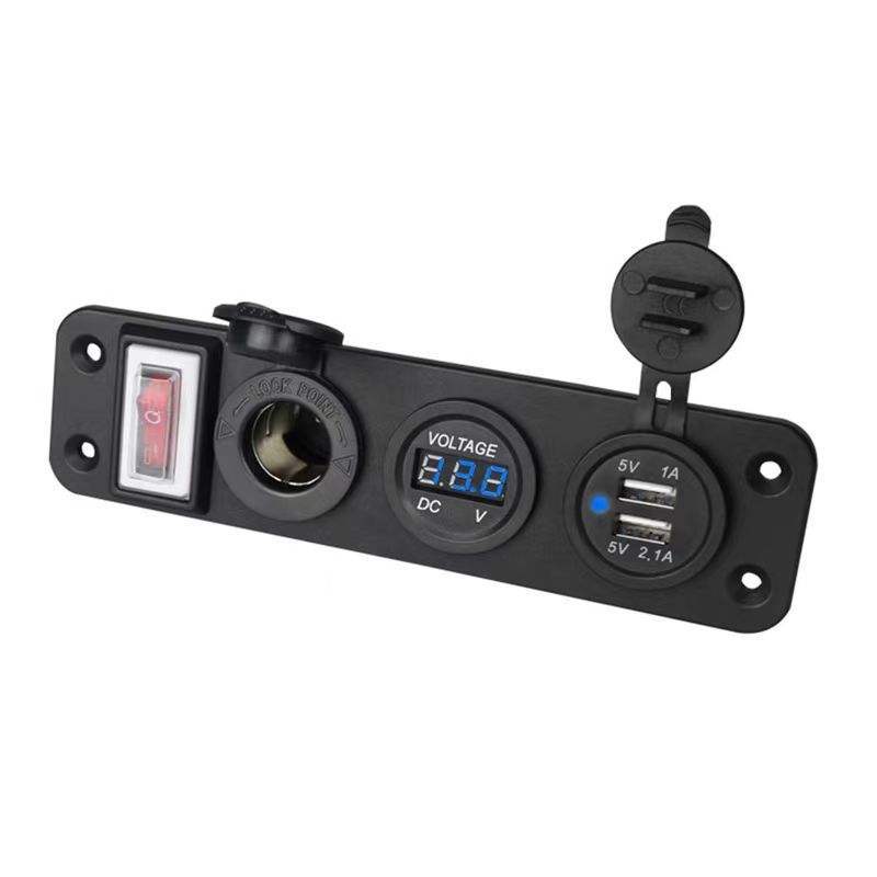 Cross-Border Car Charger with Switch, New 4-Port Panel Female Socket, Dual USB Phone Charging Dock, USB Charging Plug
