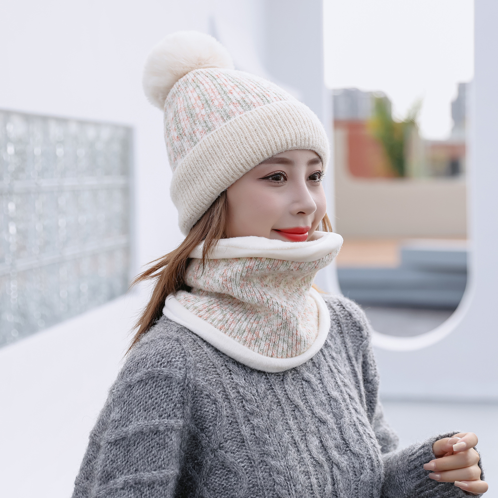 Estilo coreano sombrero bufanda conjunto de dos piezas de lana de las mujeres forrado de punto sombrero de lana sombrero de protección del oído cálido otoño e invierno Jersey sombrero de invierno de moda image 4