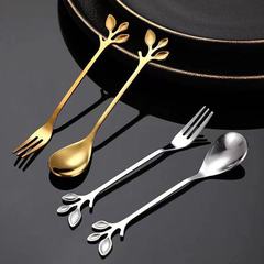 Stainless steel leaf-shaped spoon and fork, fruit fork and dessert spoon, golden coffee stirrer, cake leaf spoon and fork.