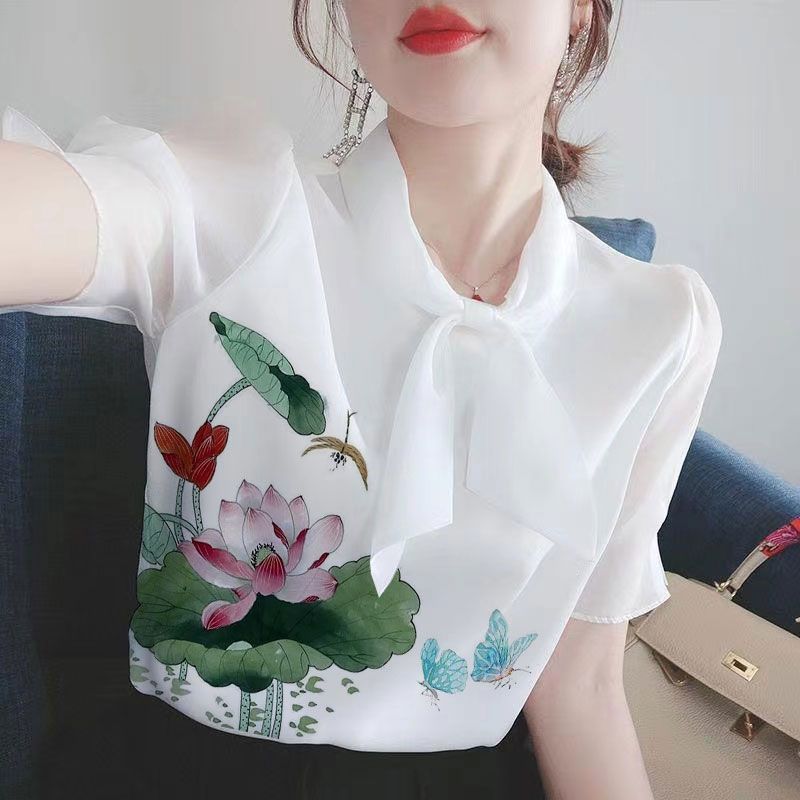 夏の新型女性tシャツ半袖韓国版痩せプリント減齢百合洋気隠しマフラー襟ママシャツ|undefined
