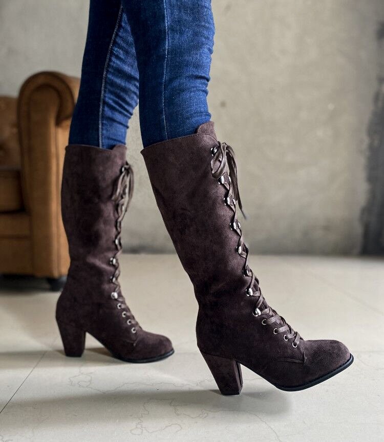 Women's Plus Size High Heeled Fashion Boots Chunky Heel Suede Cross Strap Long Boots European American Style Winter Slimming_vogvips.com
