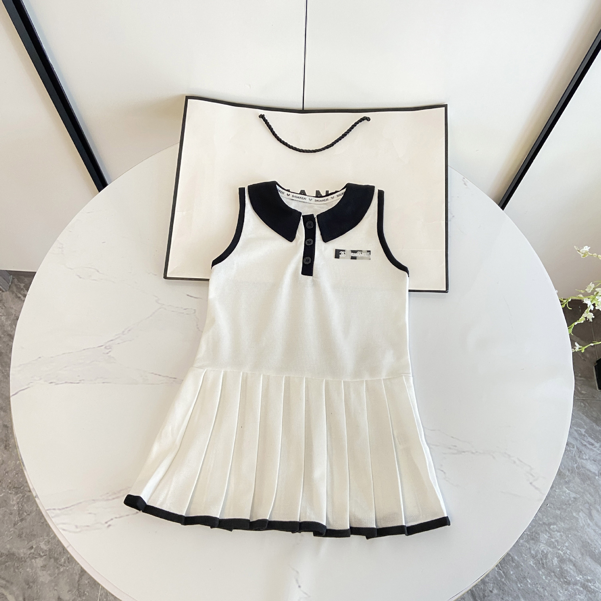 2025 New Summer Korean Style Girls Sleeveless Polo Pleated Dress Preppy Style Girl Cute Elegant Children's Skirt