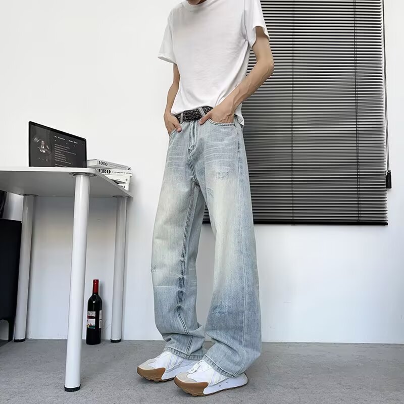 American-Style Washed Vintage Distressed Ripped Jeans for Men and Women, Loose Fit, Slimming, Flared, Whiskered, Wide-Leg, Curved Long Pants